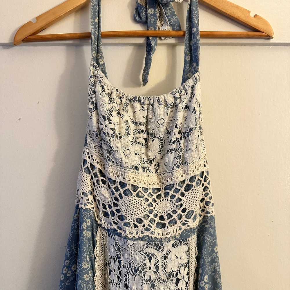 Vintage Gunne Sax Blue and White Lace Halter Dress